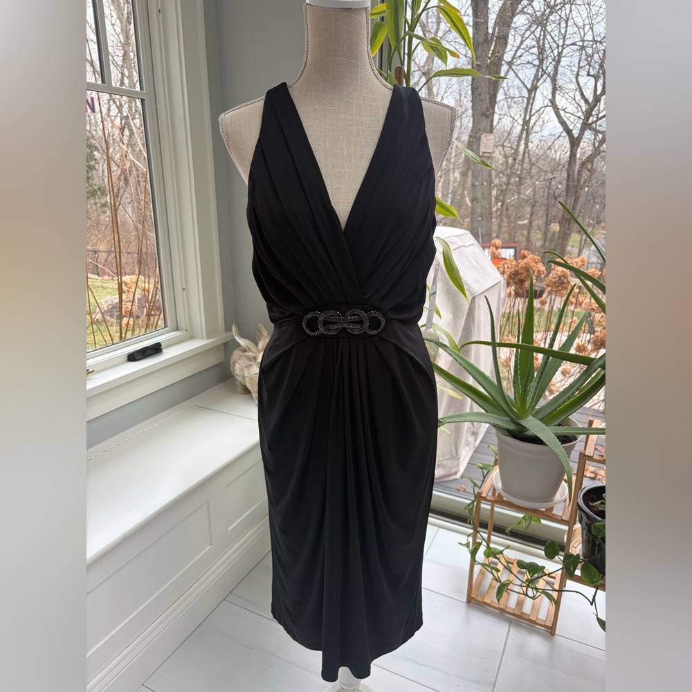 London Style Black Backless Dress with Belt Accent